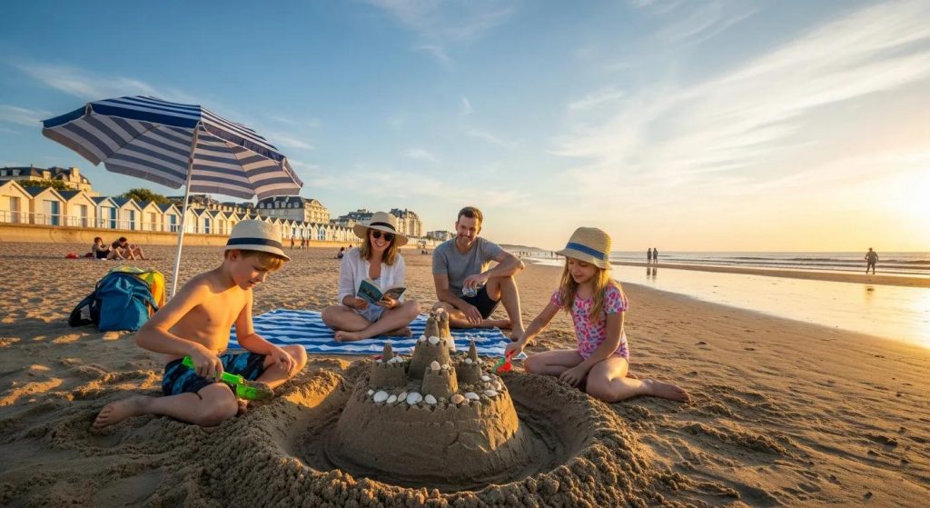 Familie am Strand in Trouville: Kinder spielen im Sand
