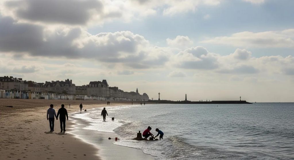 Blick auf Trouville-sur-Mer: Strand, Spaziergänger und D‑Day‑Gedenkstätten in der Ferne