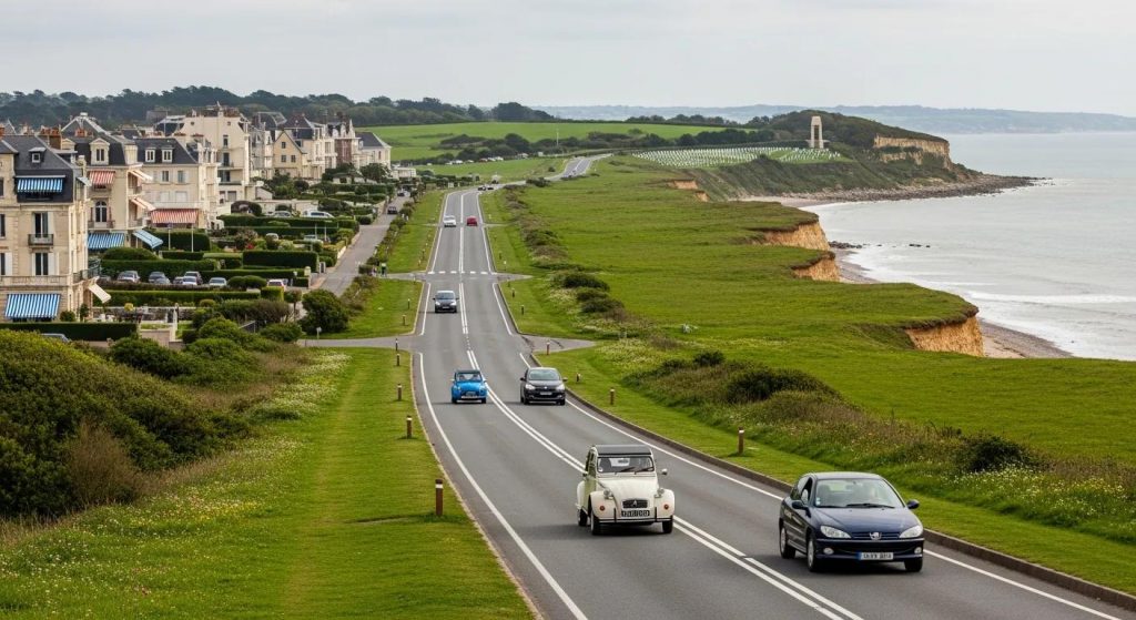 Scenic coastal route from Trouville to Normandy American Cemetery, illustrating the journey to the memorial site