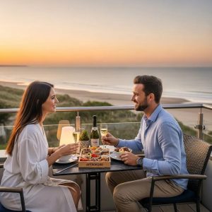 Couple enjoying a romantic sunset on a terrace with local delicacies in Normandy
