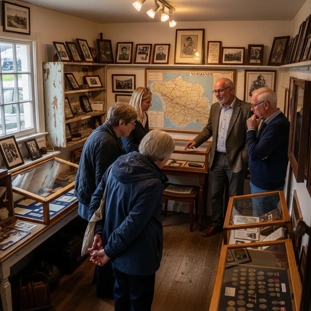 Innenraum eines lokalen D‑Day‑Museums mit persönlichen Objekten und Besuchern, die Ausstellungen entdecken
