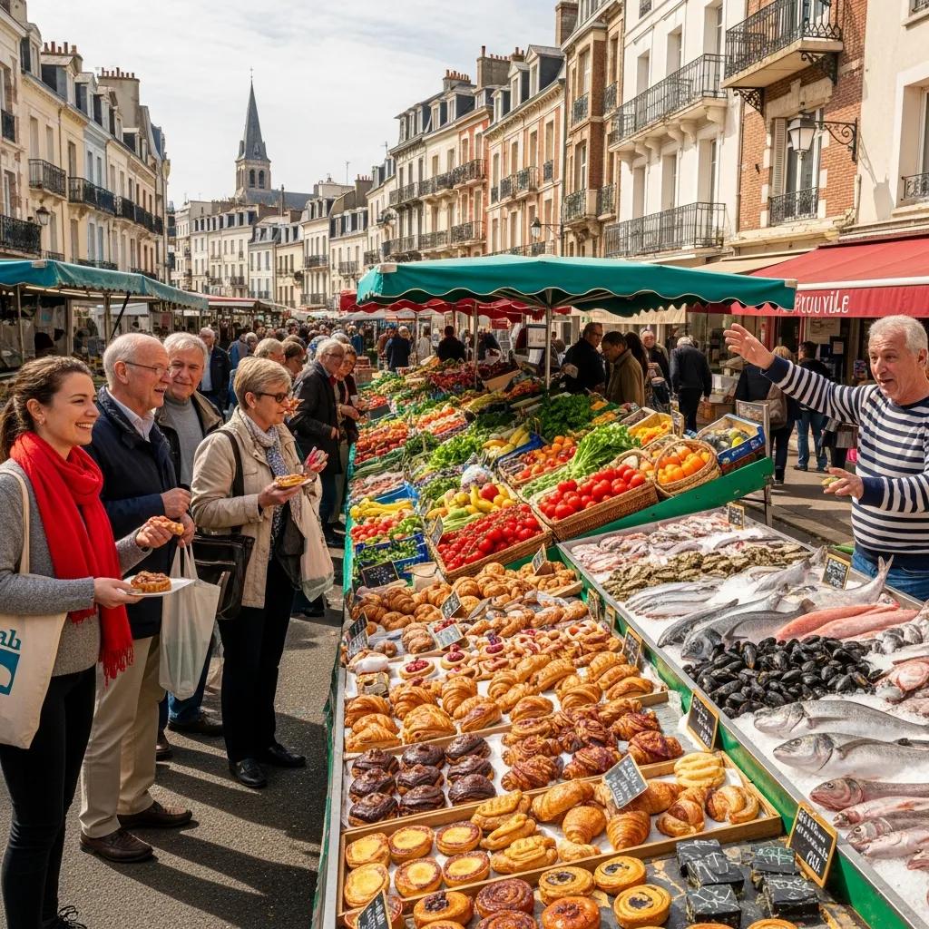 Lively market scene in Trouville with fresh seafood and local produce, showcasing cultural and culinary highlights