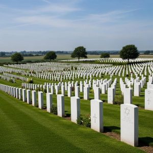 Normandy American Cemetery with rows of gravestones and green landscape, symbolizing remembrance and reflection