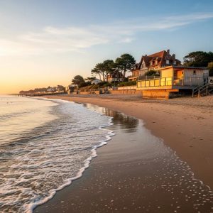 Tranquil beach scene at Trouville-sur-Mer with a wellness hotel and sauna, emphasizing relaxation and coastal beauty