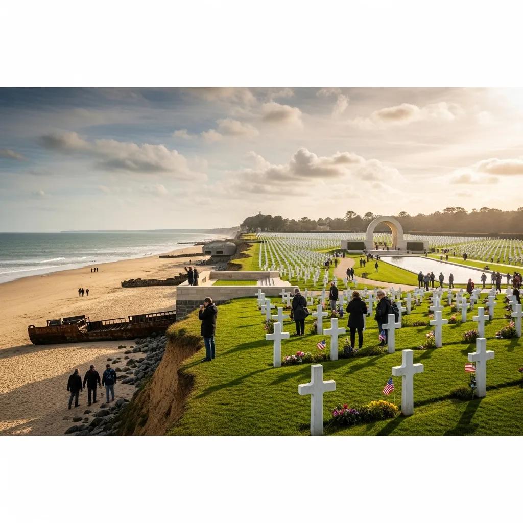 Besucher an Omaha Beach und am American Cemetery — zentrale D‑Day‑Stätten